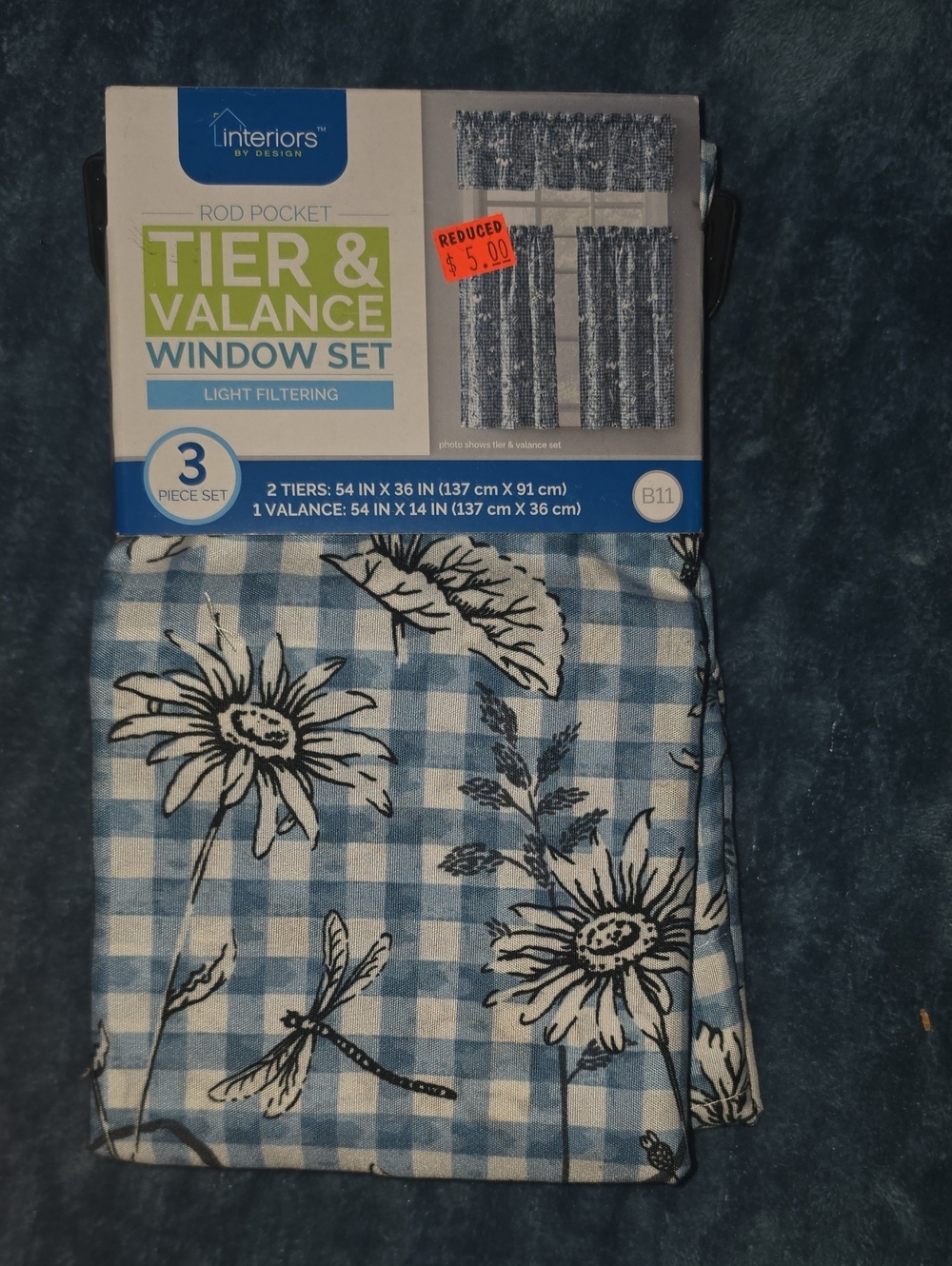 Blue Gingham Floral Tier & Valance Set
